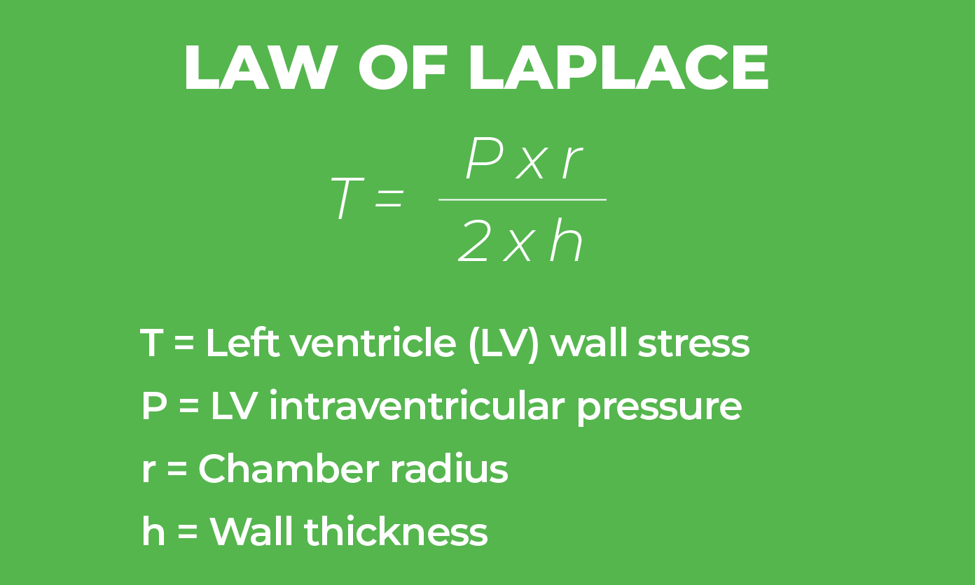 Law of Laplace  T   Left ventricle (LV) wall stress P   LV intraventricular pressure r   Chamber radius h   Wall thic   